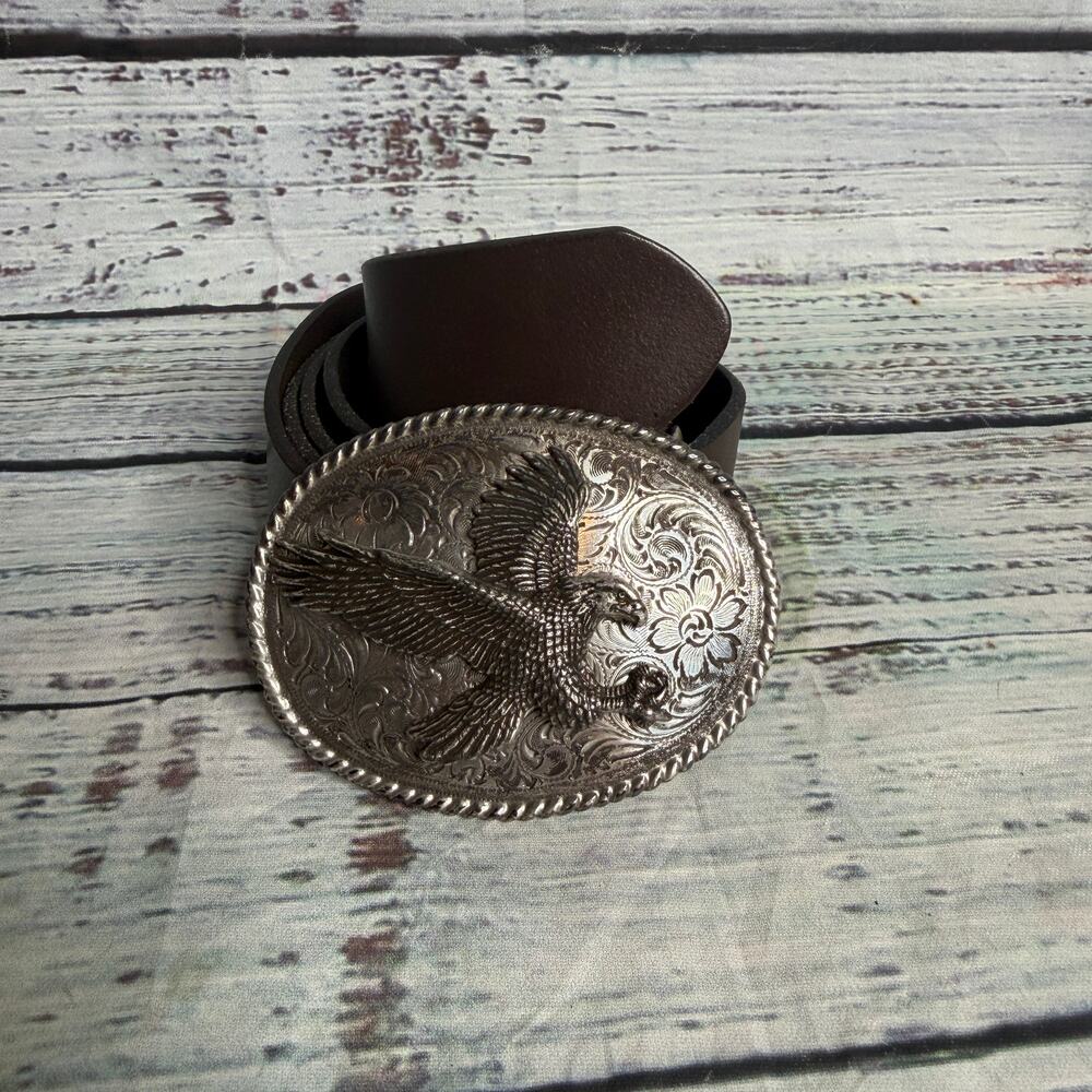 Brown Genuine Leather Belt Eagle Western Silver Buckle USA Made Size L 38/40